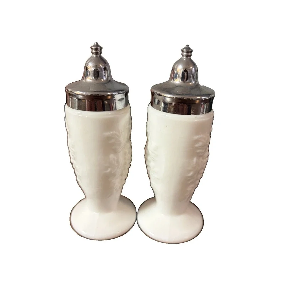 Vintage Imperial Milk Glass Grape Salt Pepper Shakers Chrome Lids Footed 5